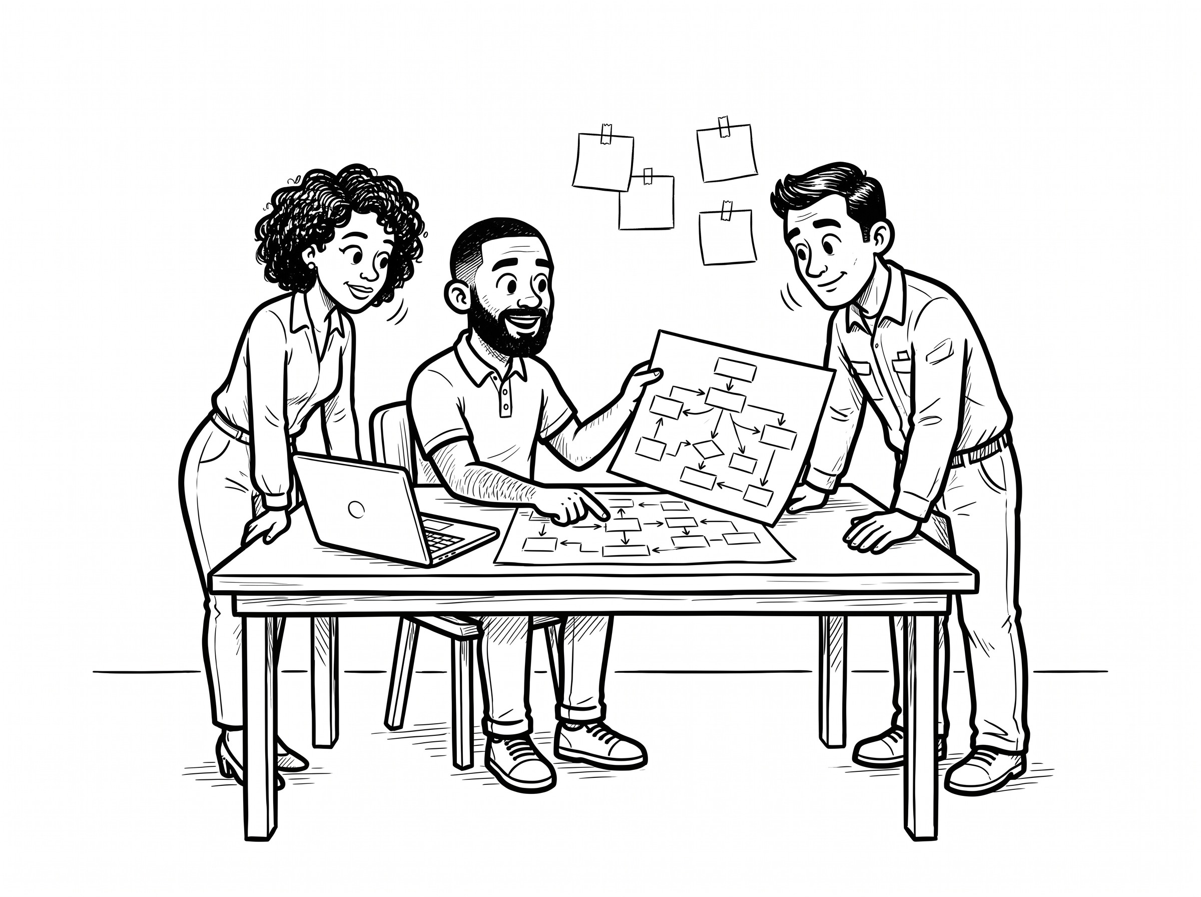 Sketch of Ade at a table with two teammates, pointing at a hand-drawn workflow chart